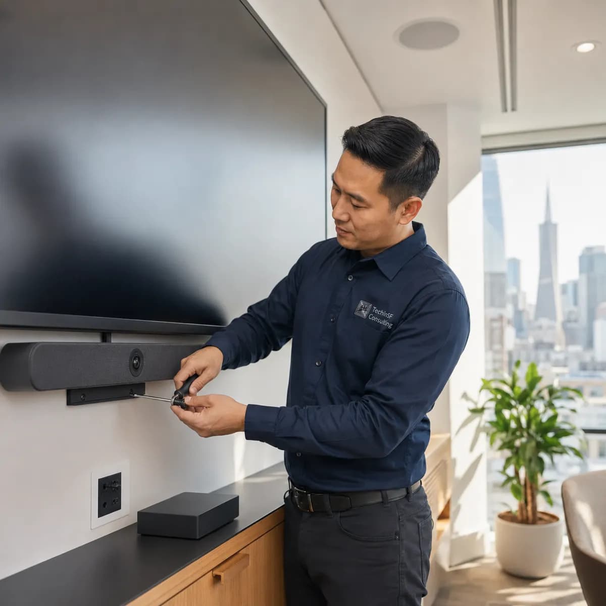 A TechInSF technician mounting a video-conferencing bar in a San Francisco office