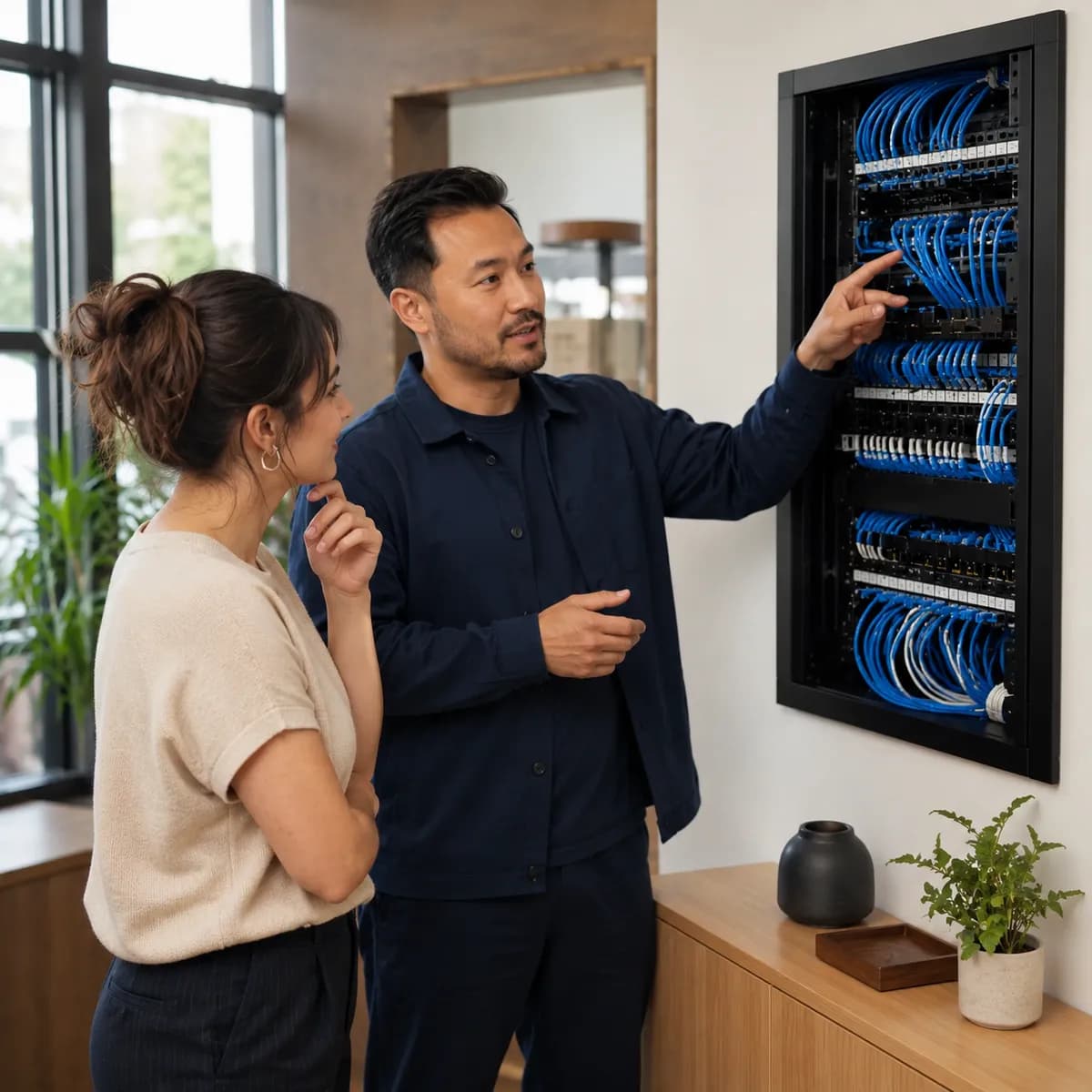 A TechInSF consultant walking a client through their structured low-voltage wiring panel