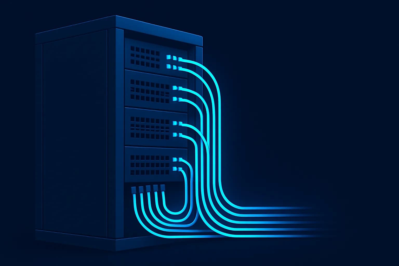 Illustration of a server rack in isometric view with neatly routed, glowing cable runs.