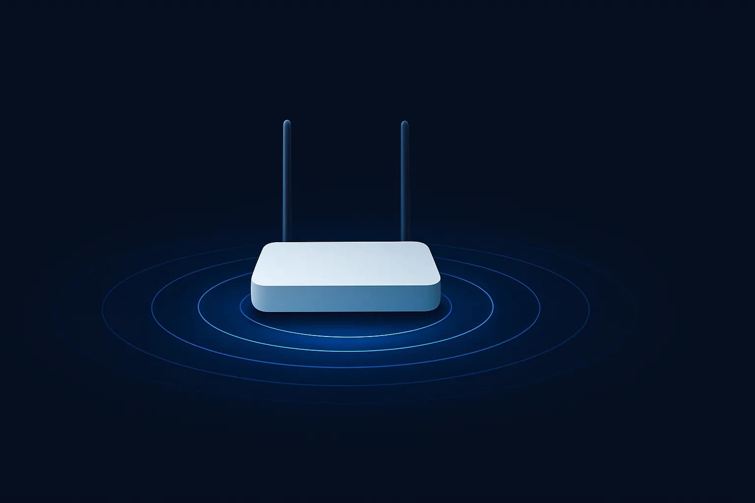 Illustration of a wireless router emitting concentric rings of blue light.