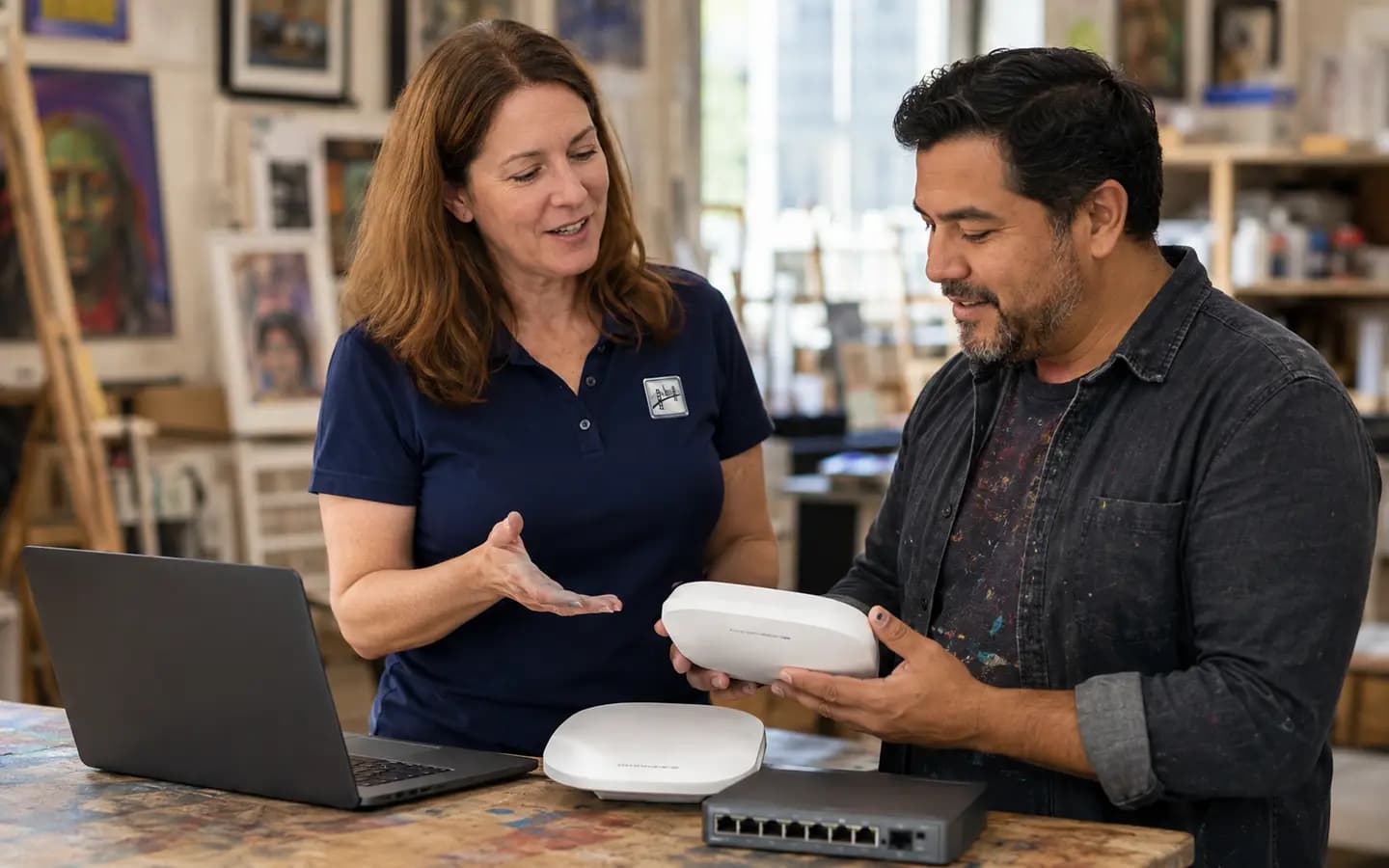 A TechInSF consultant handing new networking equipment to an artist in their studio