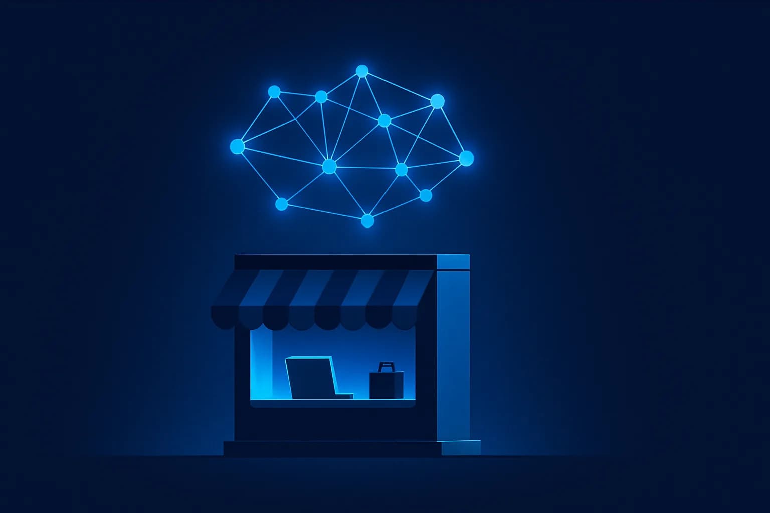 Illustration of a small storefront with a glowing network of connected nodes floating above it.