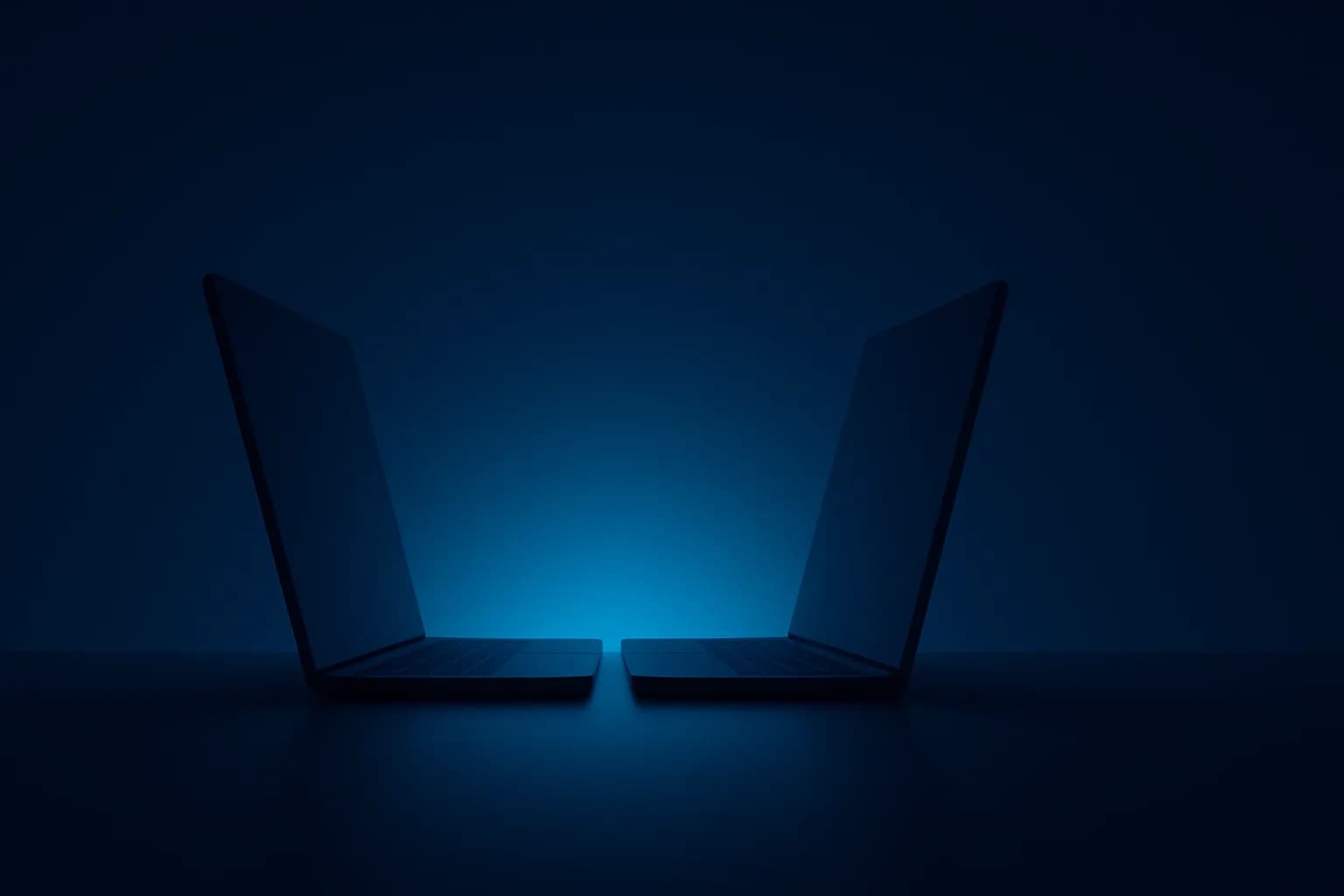 Illustration of two laptops facing each other in silhouette, lit by a blue glow between them.