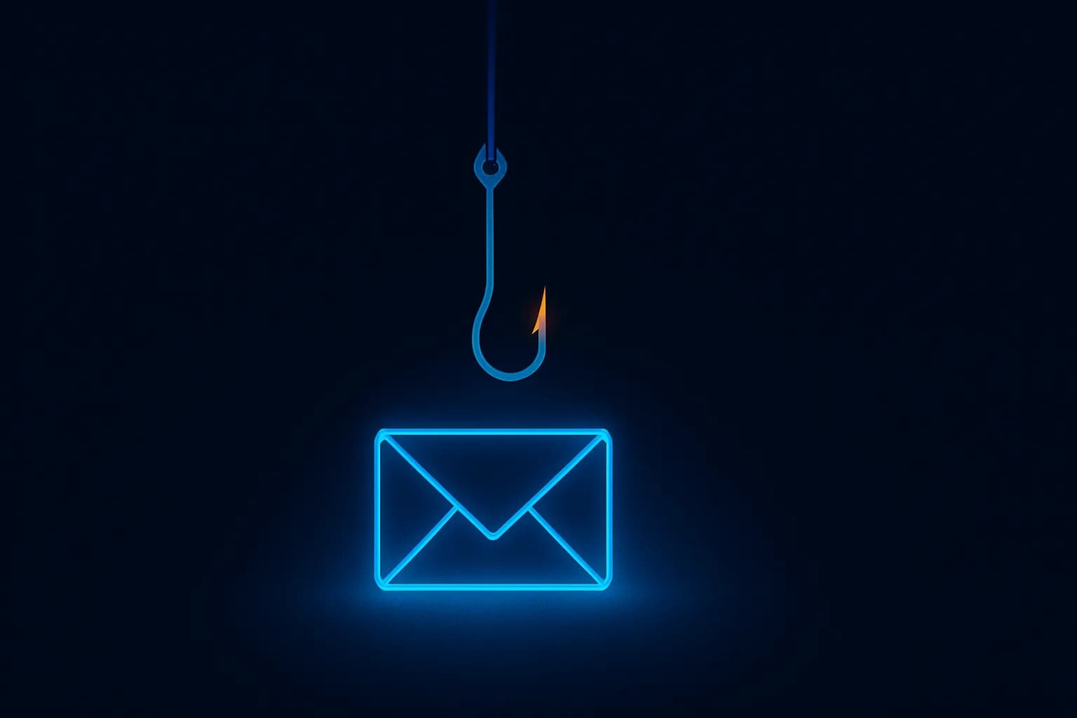 Illustration of a fishing hook descending toward a glowing envelope in dark space.