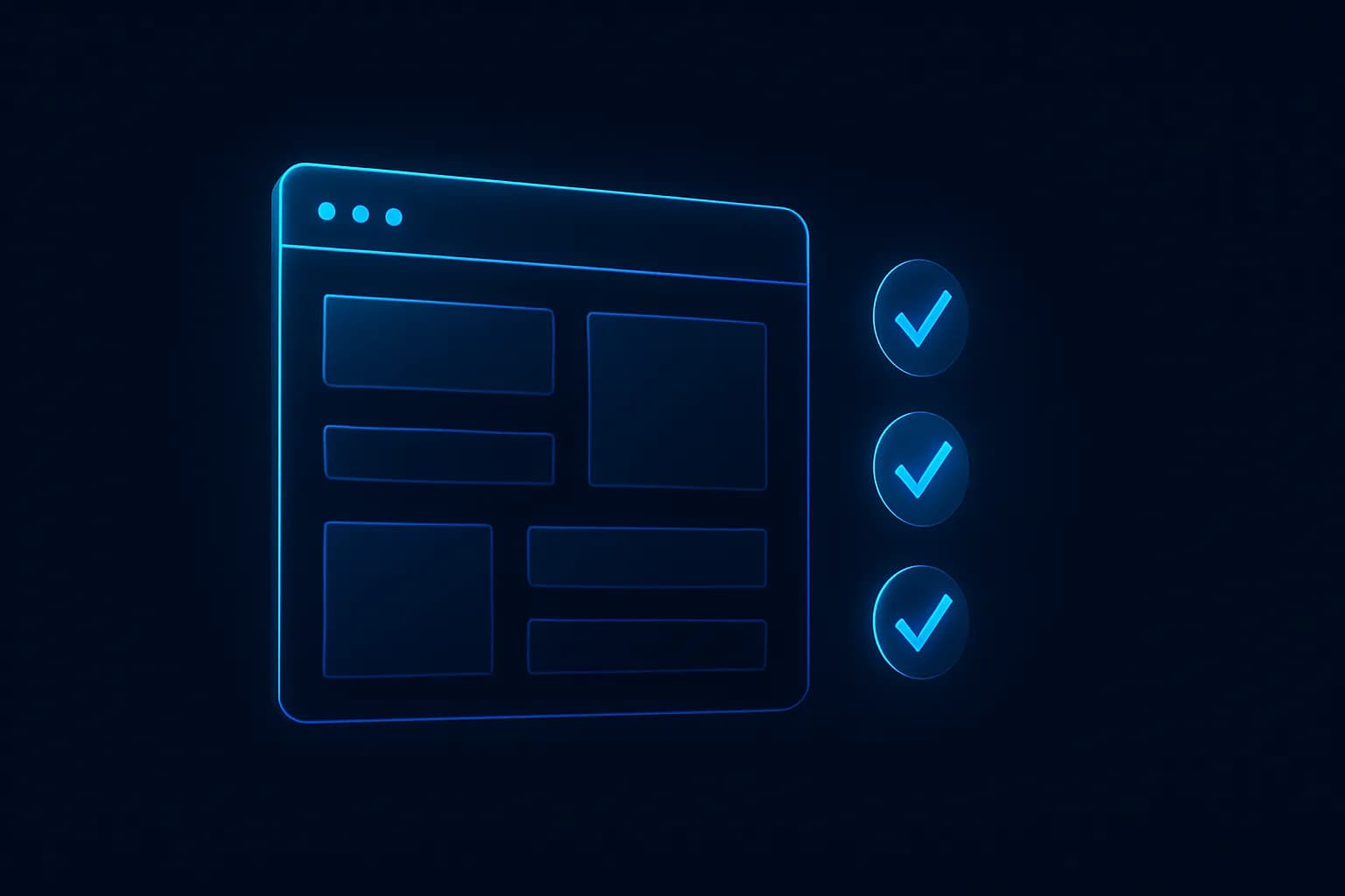 Illustration of a browser window wireframe with glowing checkmarks beside its content blocks.