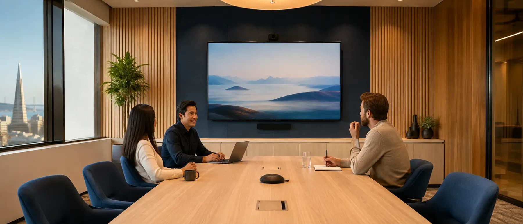 Colleagues meeting in a conference room with a wall-mounted display, soundbar, and tabletop speakerphone, overlooking the San Francisco skyline